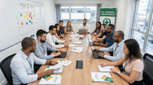 Reunião da comissão CIPA com mapa de risco e documentos de segurança do trabalho em mesa