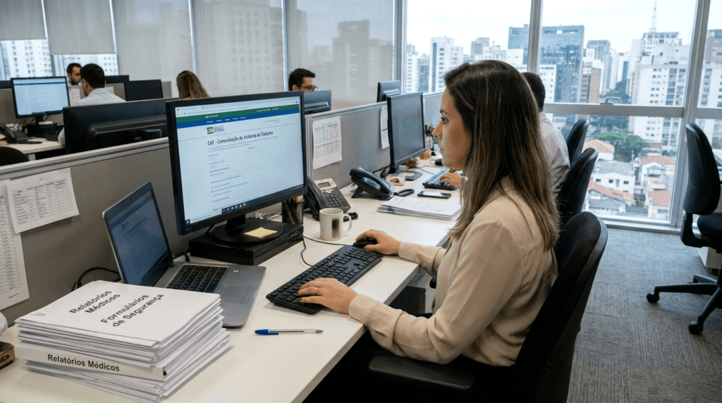 Profissional de RH preenchendo formulário CAT de Comunicação de Acidente de Trabalho no computador