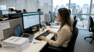 Profissional de RH preenchendo formulário CAT de Comunicação de Acidente de Trabalho no computador