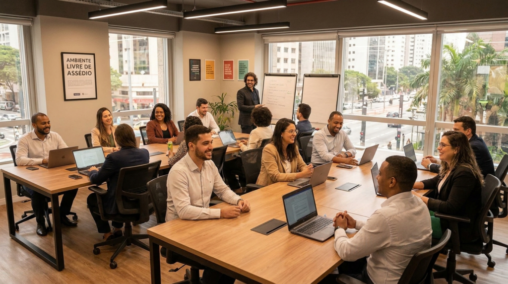 Ambiente de trabalho respeitoso e inclusivo com colaboradores em escritório moderno, livre de assédio
