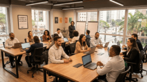 Ambiente de trabalho respeitoso e inclusivo com colaboradores em escritório moderno, livre de assédio
