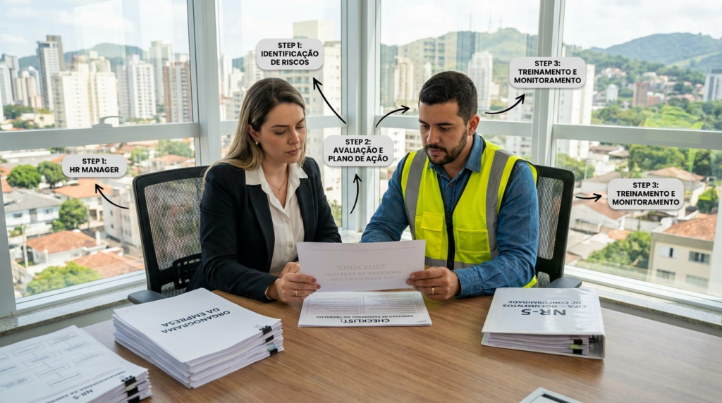 Gestor de RH e técnico de segurança revisando checklist de montagem da CIPA com documentos NR-5