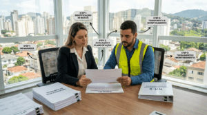Gestor de RH e técnico de segurança revisando checklist de montagem da CIPA com documentos NR-5