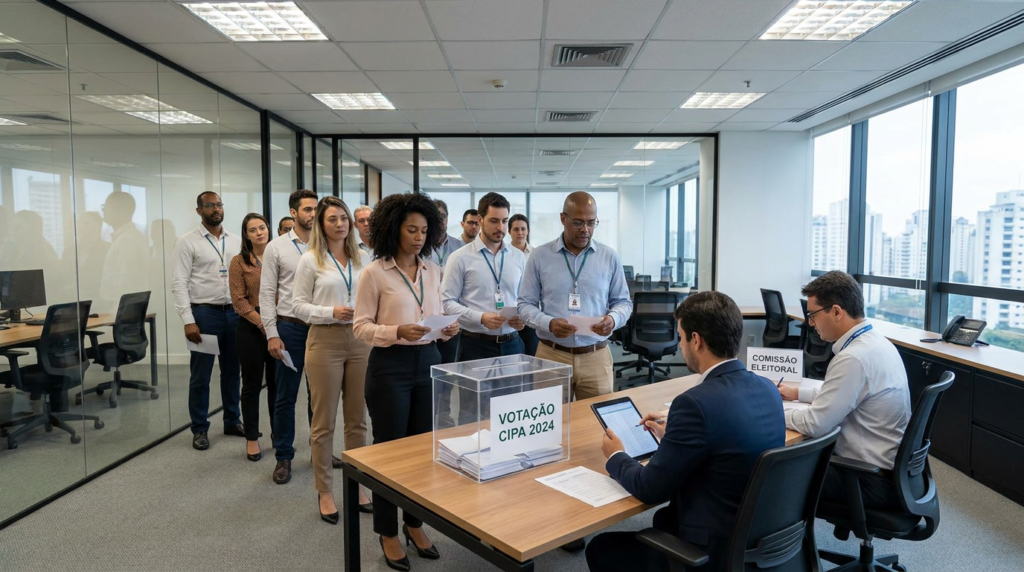 Trabalhadores votando na eleição da CIPA por voto secreto em ambiente corporativo brasileiro