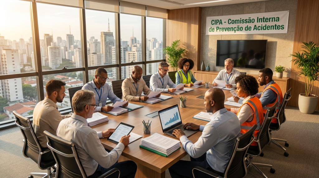 Reunião da CIPA com trabalhadores e representantes da empresa analisando documentos de segurança do trabalho