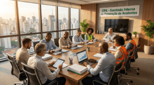 Reunião da CIPA com trabalhadores e representantes da empresa analisando documentos de segurança do trabalho