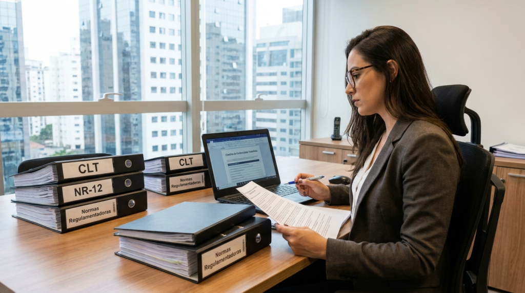 Gerente de RH consultando documentos de conformidade com normas trabalhistas NRs em escritório