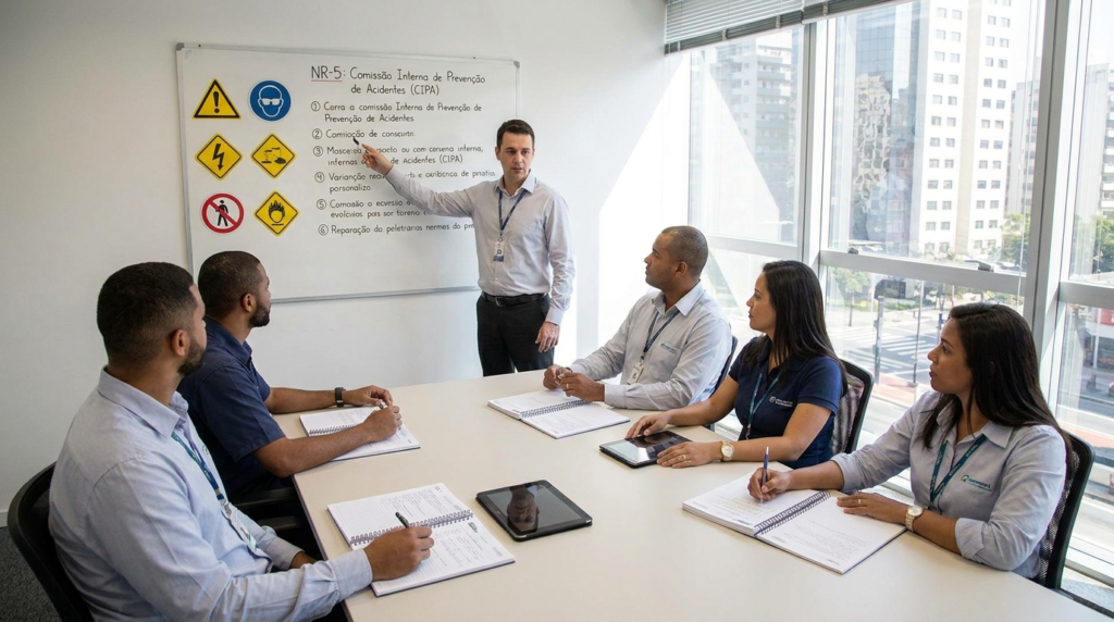 Instrutor ministrando treinamento CIPA NR-5 para grupo de funcionários em sala de treinamento corporativa