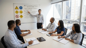 Instrutor ministrando treinamento CIPA NR-5 para grupo de funcionários em sala de treinamento corporativa