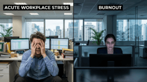 Comparação visual entre funcionário estressado (esquerda) e com burnout profundo (direita) em escritório