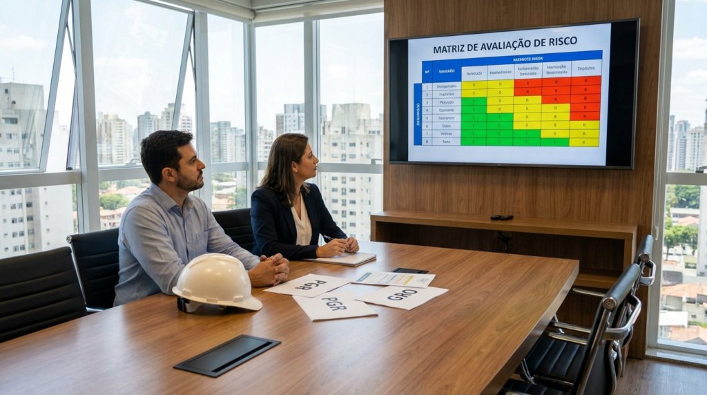 Engenheiro de segurança e gestor de RH analisando matriz de riscos do PGR e GRO conforme NR-1