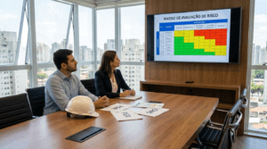 Engenheiro de segurança e gestor de RH analisando matriz de riscos do PGR e GRO conforme NR-1