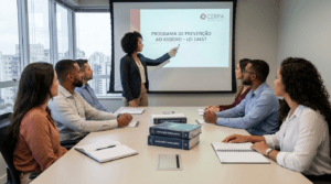Especialista trabalhista apresentando programa de prevenção ao assédio da Lei 14.457 para equipe de RH
