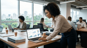 Analista revisando indicadores e dashboard de resultados da SIPAT corporativa