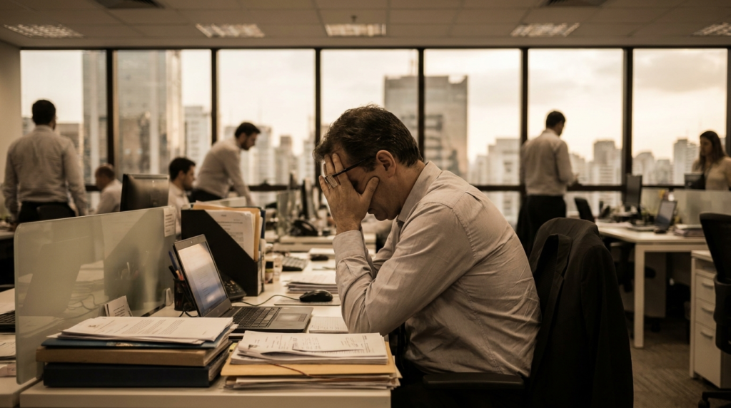 Profissional esgotado em escritório corporativo brasileiro com cabeça apoiada nas mãos, representando síndrome de burnout