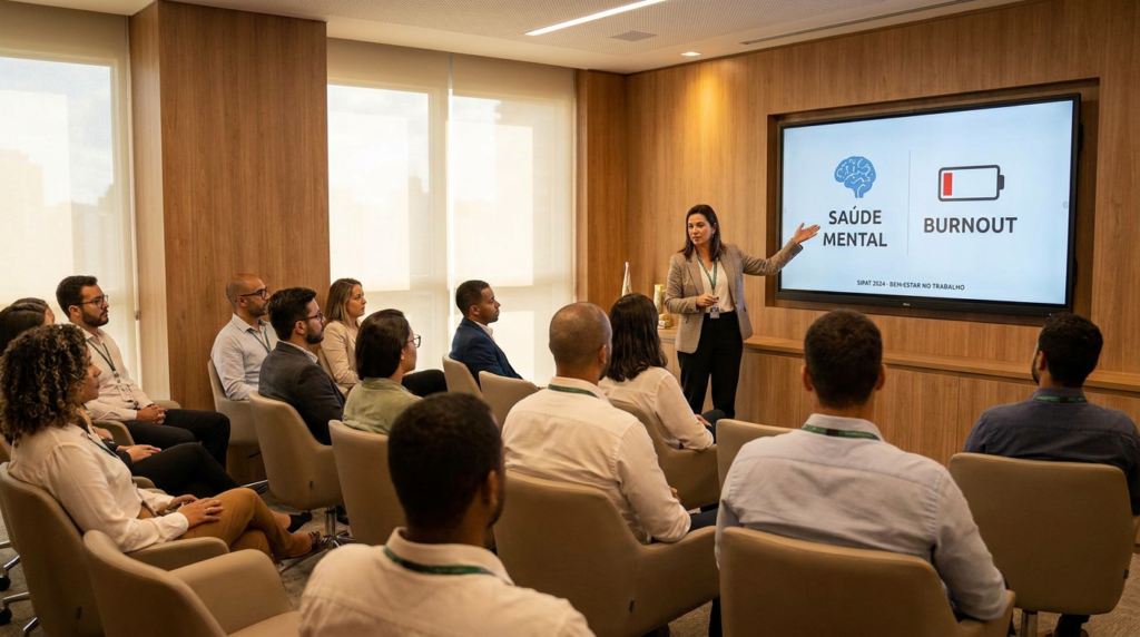 Palestrante apresentando tema de saúde mental para funcionários em palestra da SIPAT