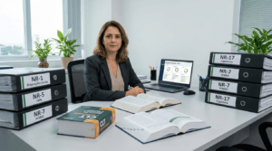 Profissional de compliance trabalhista com pastas das NRs NR-1 NR-5 NR-7 NR-17 organizadas em mesa corporativa