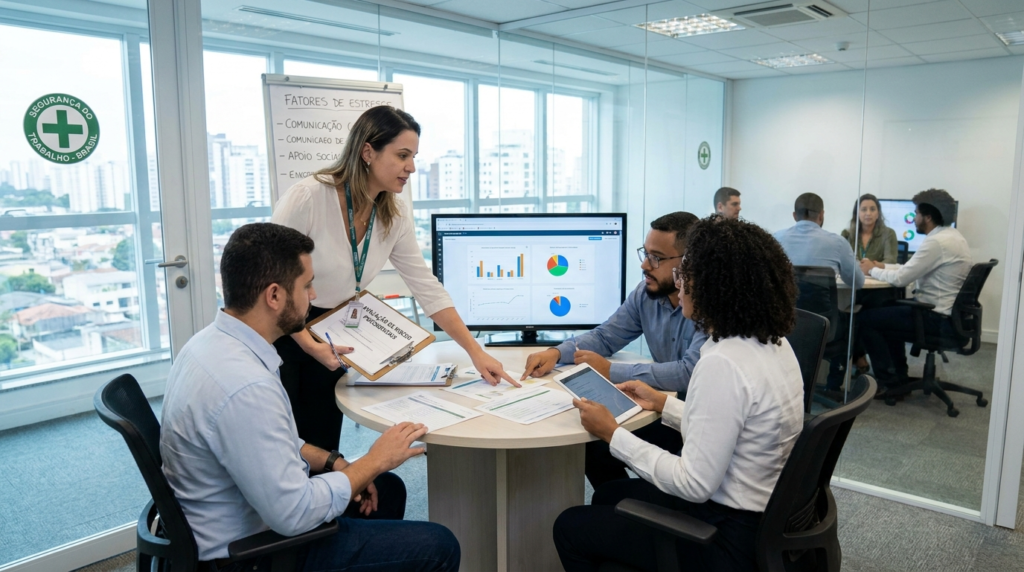Equipe de saúde ocupacional realizando avaliação de riscos psicossociais com questionários e discussão em grupo