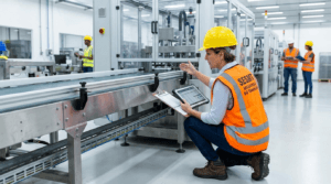 Engenheiro de segurança do trabalho do SESMT realizando inspeção em local de trabalho industrial com prancheta