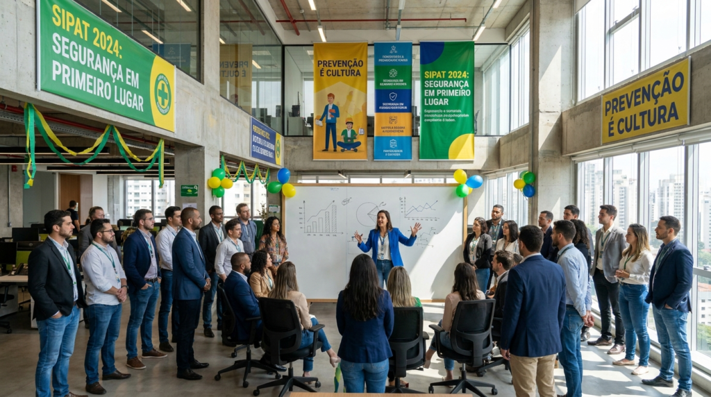 Equipe corporativa participando de evento SIPAT com banners de segurança do trabalho