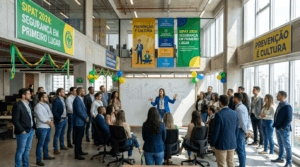 Equipe corporativa participando de evento SIPAT com banners de segurança do trabalho