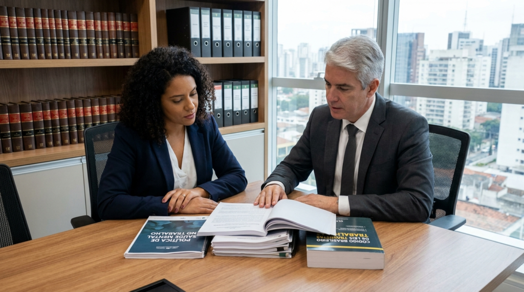 Advogado trabalhista e RH revisando documentos de política de saúde mental e legislação trabalhista