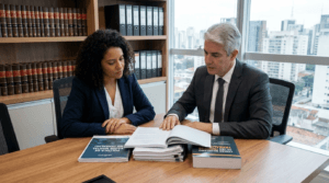 Advogado trabalhista e RH revisando documentos de política de saúde mental e legislação trabalhista