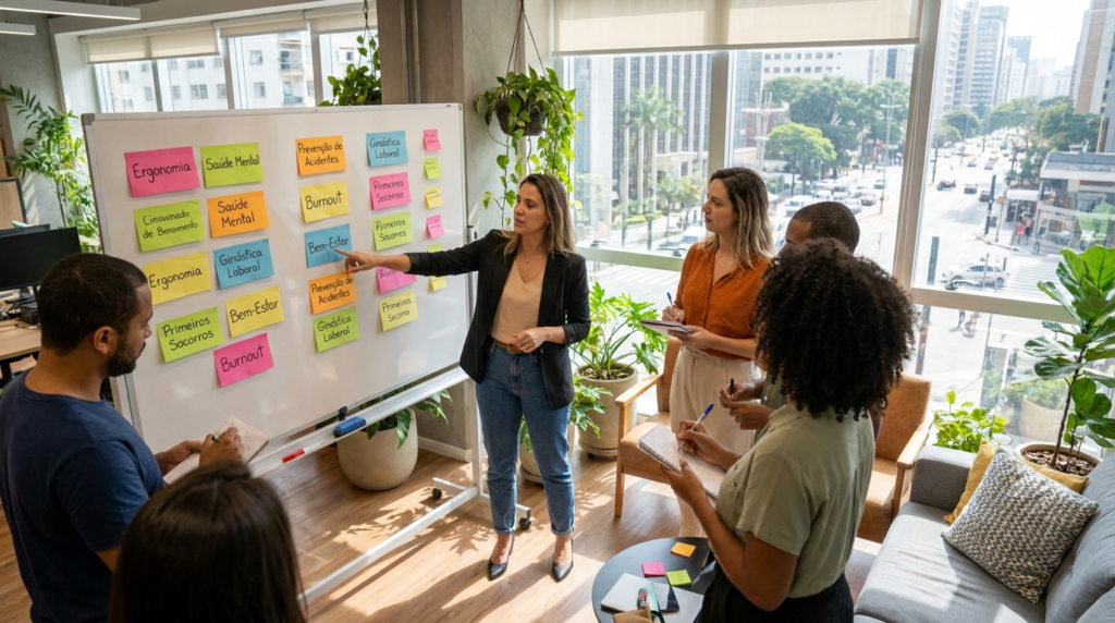 Profissional de RH e equipe listando temas de segurança para planejamento da SIPAT