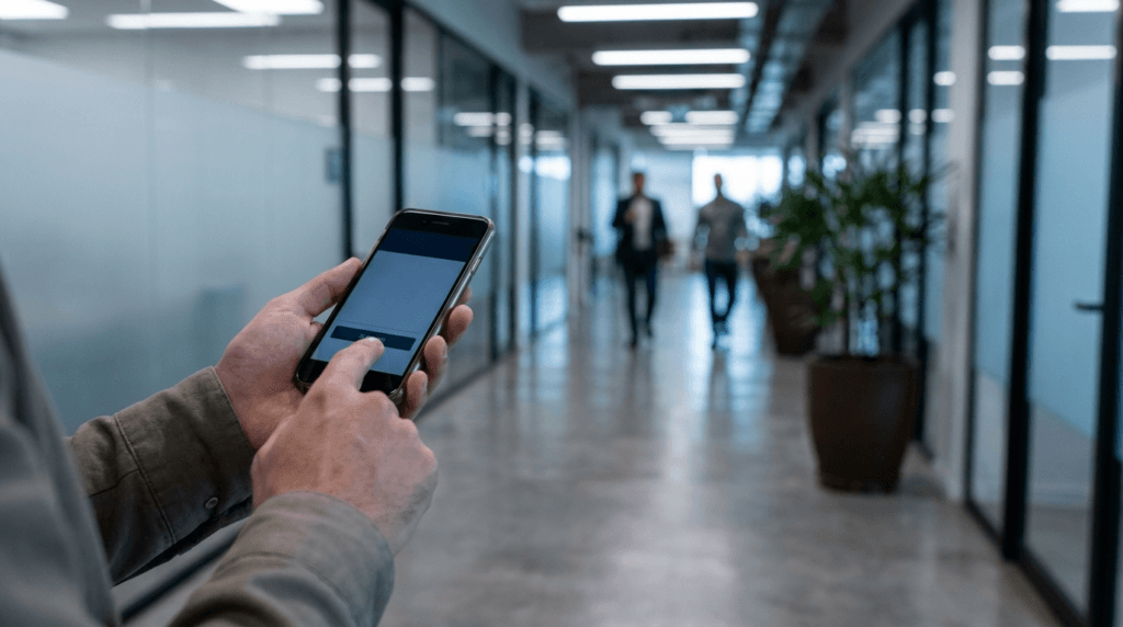 Funcionário registrando denúncia anônima pelo celular de forma confidencial