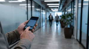 Funcionário registrando denúncia anônima pelo celular de forma confidencial