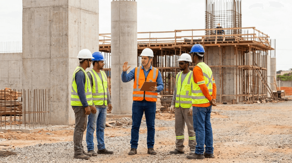 Diálogo de segurança com trabalhadores de capacete em canteiro de obras
