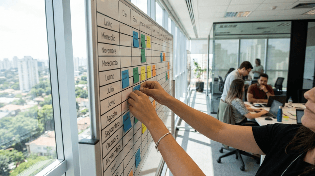 Organizadora montando a programação de cinco dias da SIPAT em quadro de planejamento