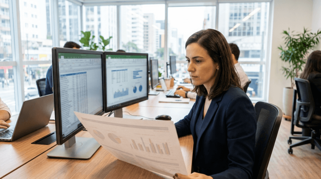 Analista de RH consultando quadro de dimensionamento da CIPA e planilha de efetivo