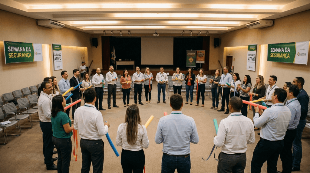 Funcionários participando de dinâmica em grupo durante a SIPAT