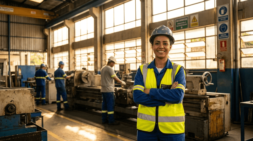 Trabalhador eleito para a CIPA no chão de fábrica, representando a estabilidade do cipeiro