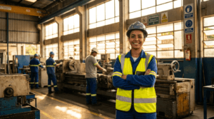 Trabalhador eleito para a CIPA no chão de fábrica, representando a estabilidade do cipeiro