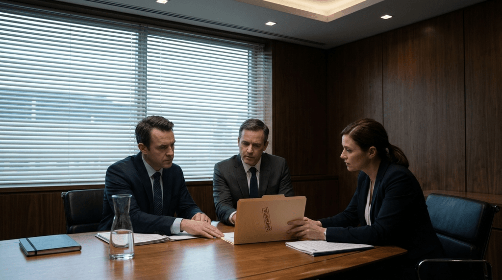 Comissão de apuração analisando dossiê de denúncia em reunião confidencial