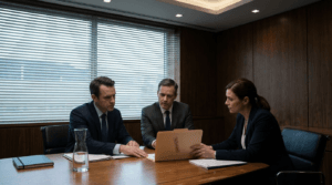Comissão de apuração analisando dossiê de denúncia em reunião confidencial