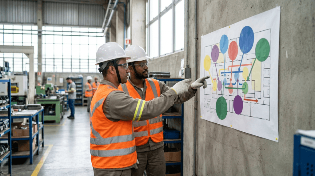 Trabalhadores consultando o mapa de riscos afixado na parede da fábrica