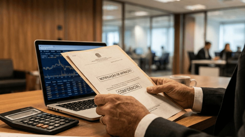 Gestor analisando notificação de autuação trabalhista sobre a mesa com laptop e calculadora