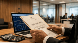 Gestor analisando notificação de autuação trabalhista sobre a mesa com laptop e calculadora