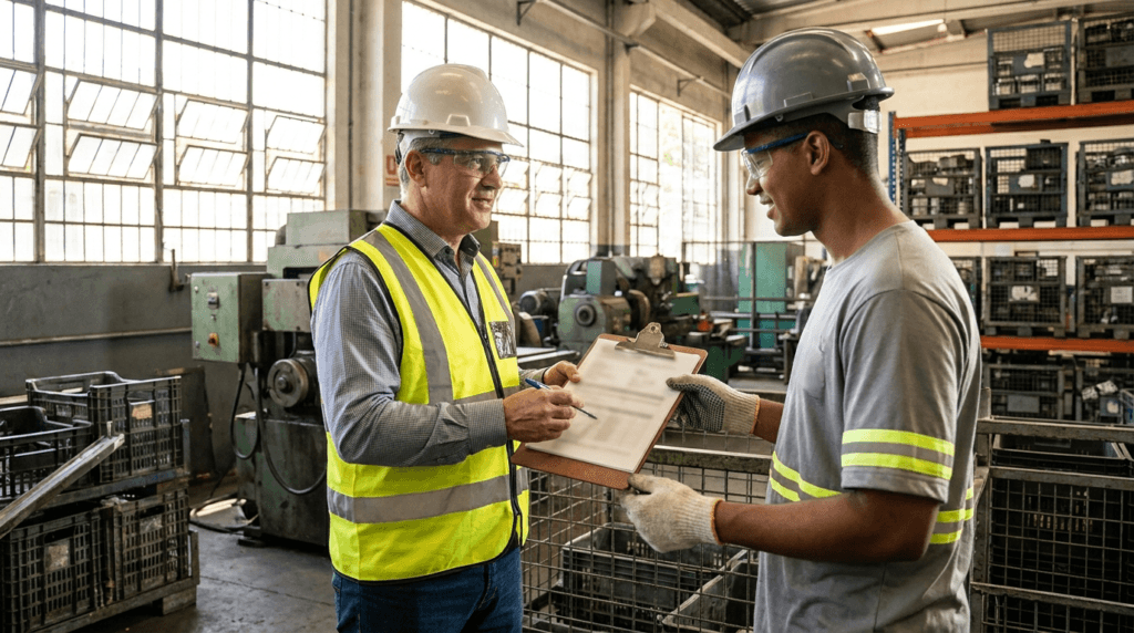 Supervisor entregando ordem de serviço de segurança do trabalho assinada ao funcionário