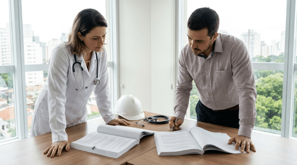 Médico do trabalho e engenheiro de segurança comparando PGR e PCMSO