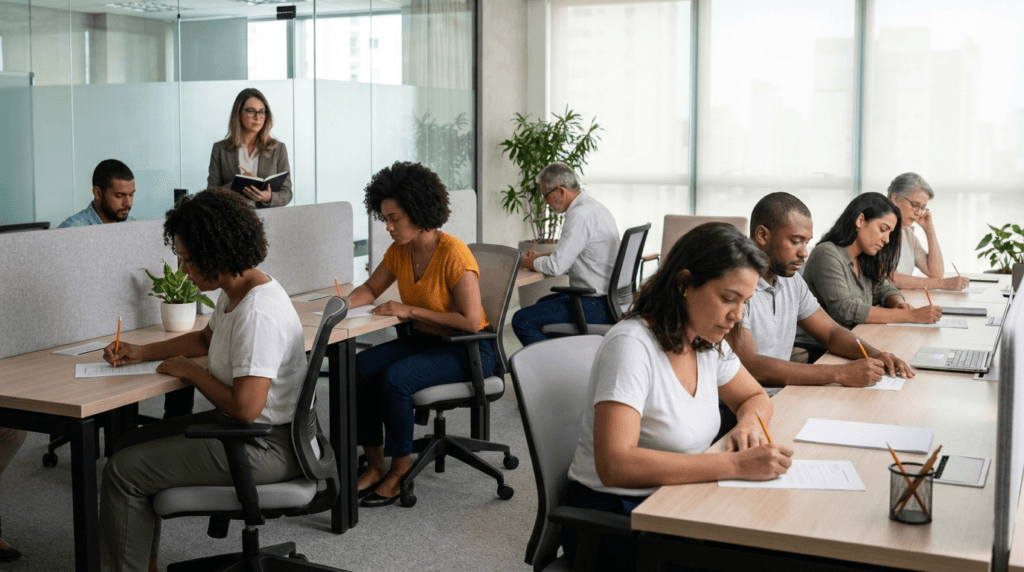 Funcionários respondendo questionário anônimo de riscos psicossociais em escritório