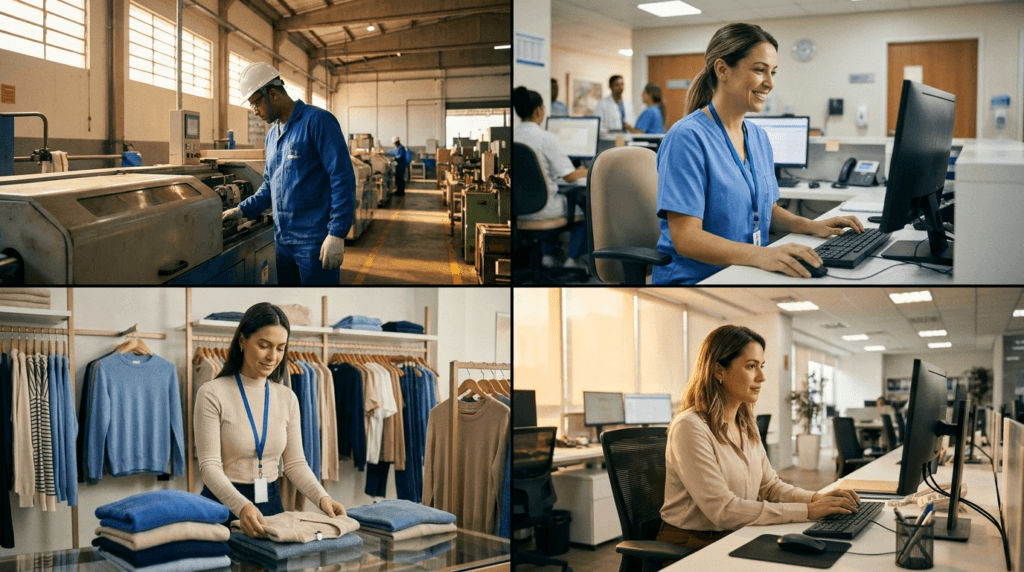 Quatro ambientes de trabalho distintos: indústria, saúde, varejo e escritório