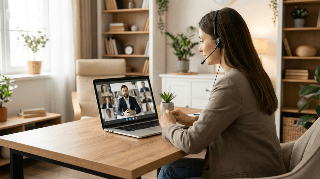 Funcionário assistindo treinamento de CIPA online pelo notebook com fones de ouvido